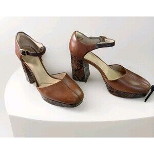 Clarks Mary Janes clogs Brown Leather Platform Straps Snakeskin Block Heel 9 M